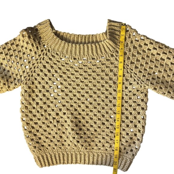 Handmade Crochet Open-Knit Beige Sweater With Ribbed Collar & Cuffs - Picture 3 of 9